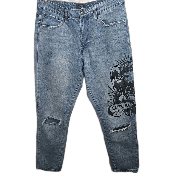 Ed Hardy Jeans Men's 32x29 Blue Denim Distressed Spell Out Relaxed Y2K Style